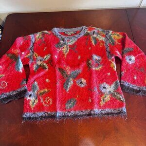 ICELANDIC DESIGN Sweater Womens S Red Blue Floral Mohair Wool Blend Vintage Knit